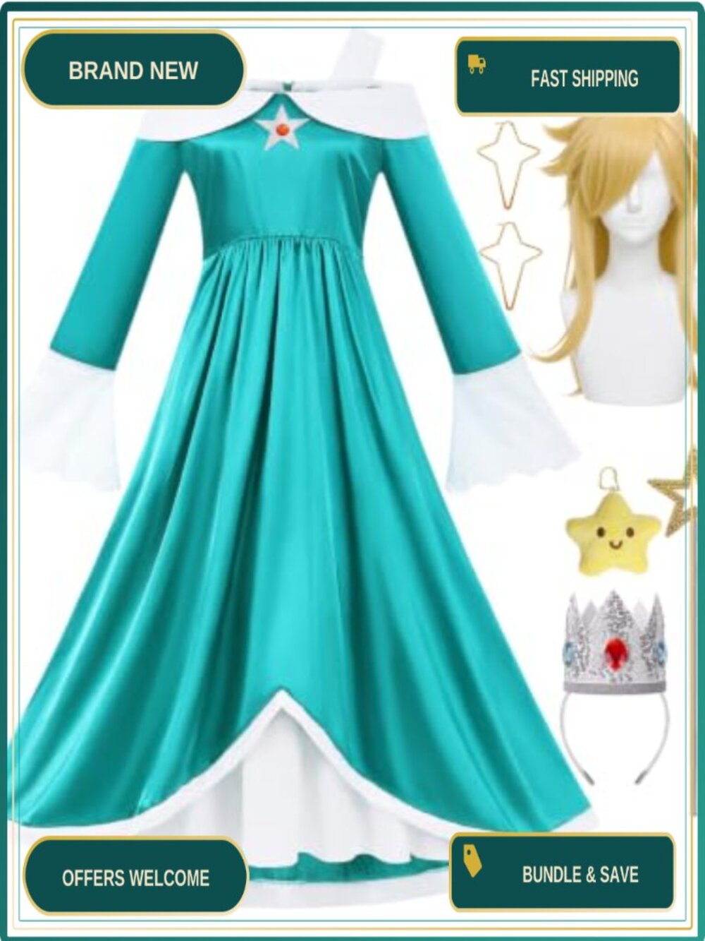 Princess Rosalina Costume Kit with Dress, Crown, Wig, Wand & Earrings